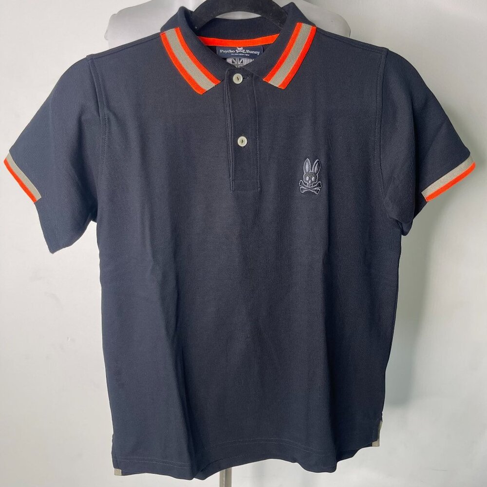 Psycho Bunny Kid's Black Pique Jude Polo Short Sleeve Cotton Shirt Size Large